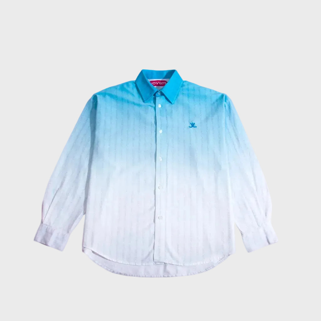 Light blue striped shirt with a brand logo on a white background